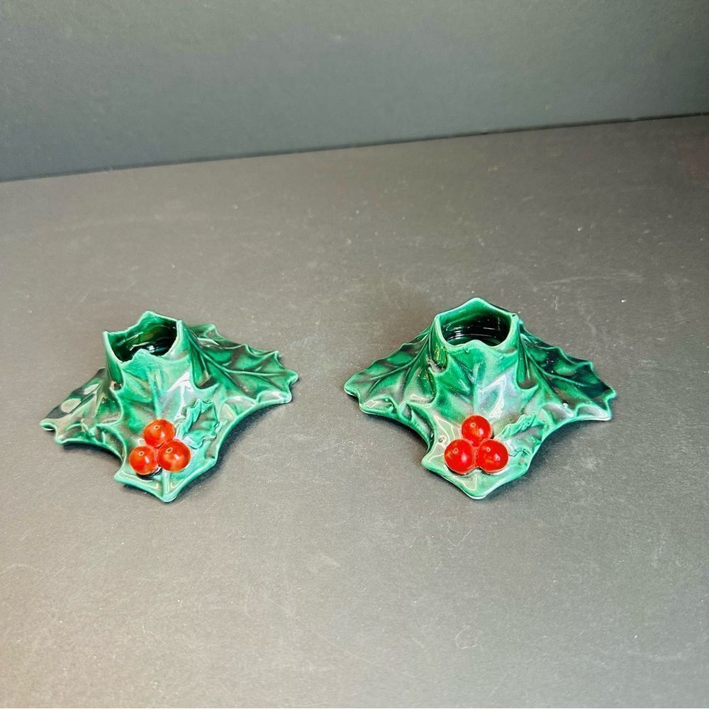 Lefton Pair Of  VTG Green Holly‎ Berry Square Candle Holders